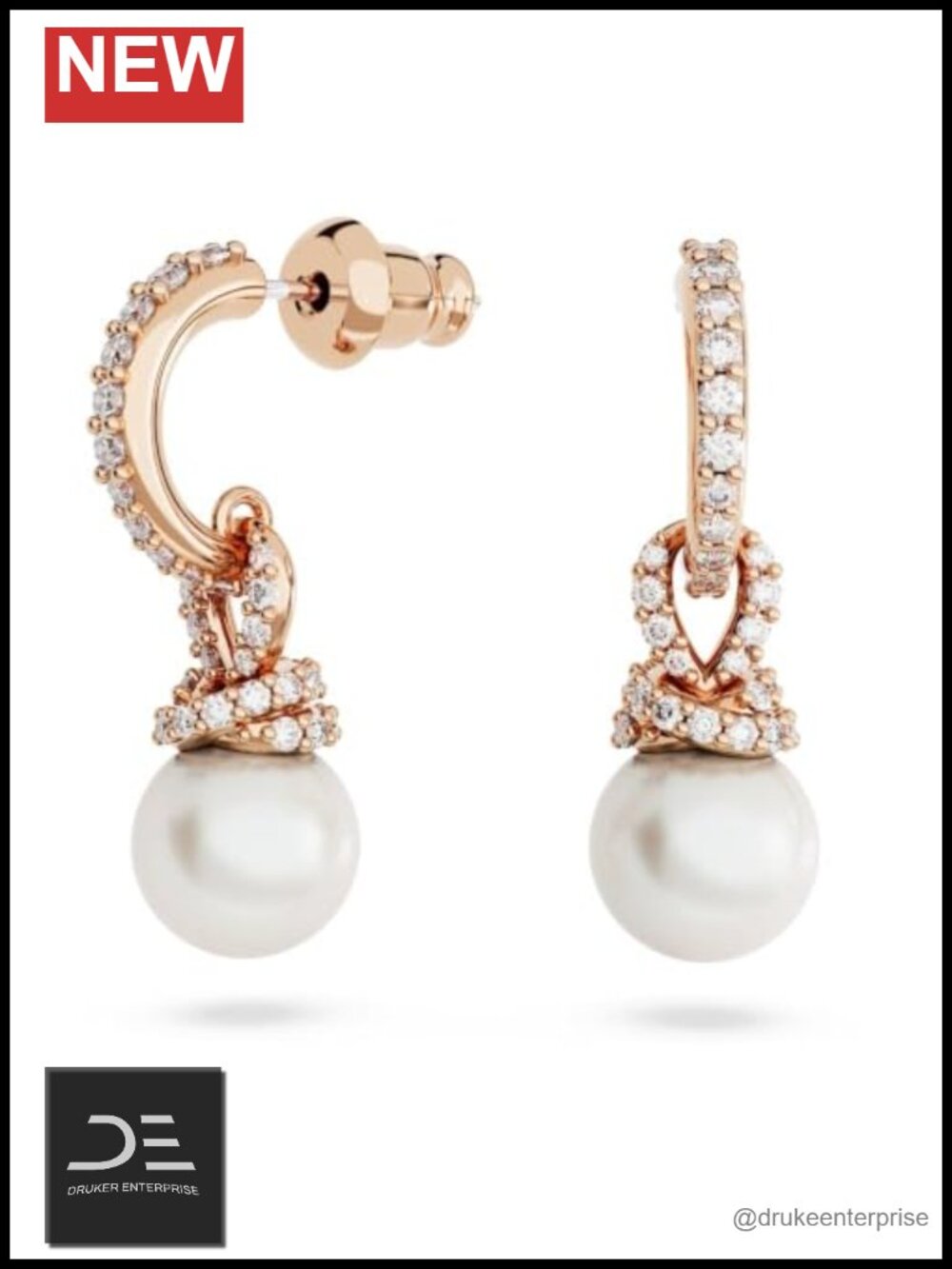 Swarovski Crystal Pearl Drop Hoop Earrings Rose Gold Tone